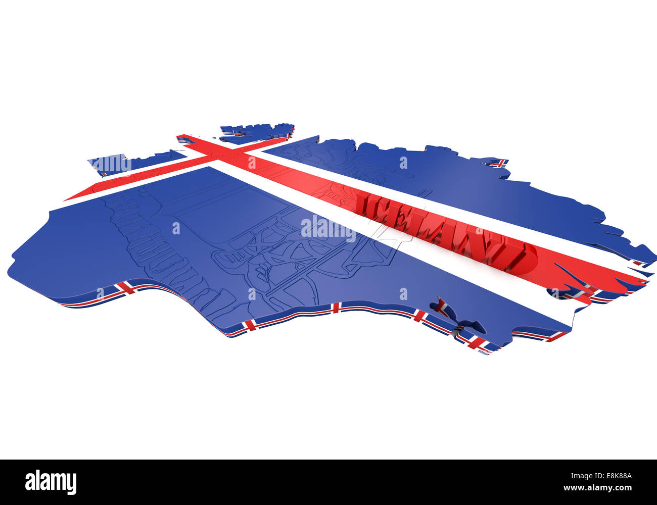 Mappa 3D illustrazione di Islanda con bandiera e stemma Foto Stock