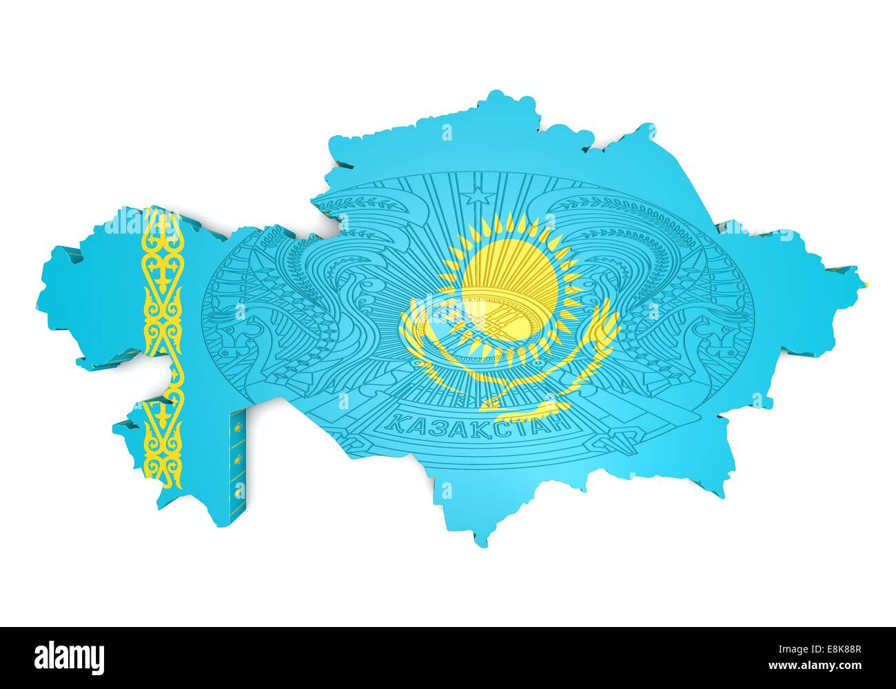 Mappa 3D illustrazione del Kazakistan con bandiera e stemma Foto Stock