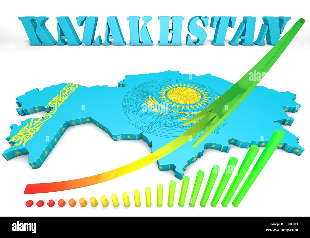 Mappa 3D illustrazione del Kazakistan con bandiera e stemma Foto Stock