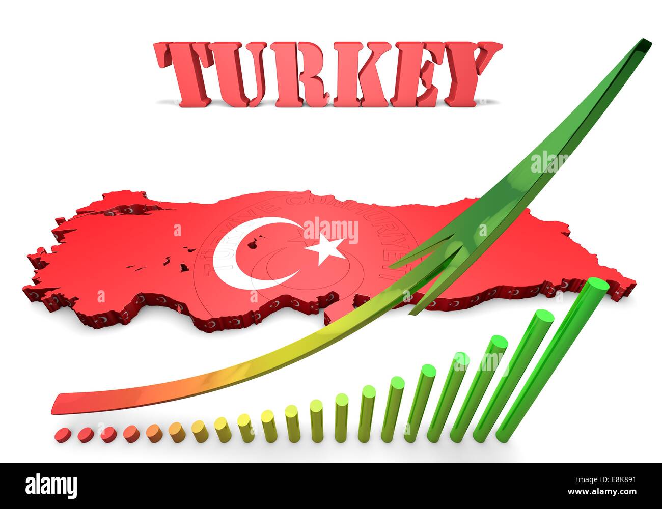 Mappa 3D illustrazione della Turchia con la bandiera e stemma Foto Stock