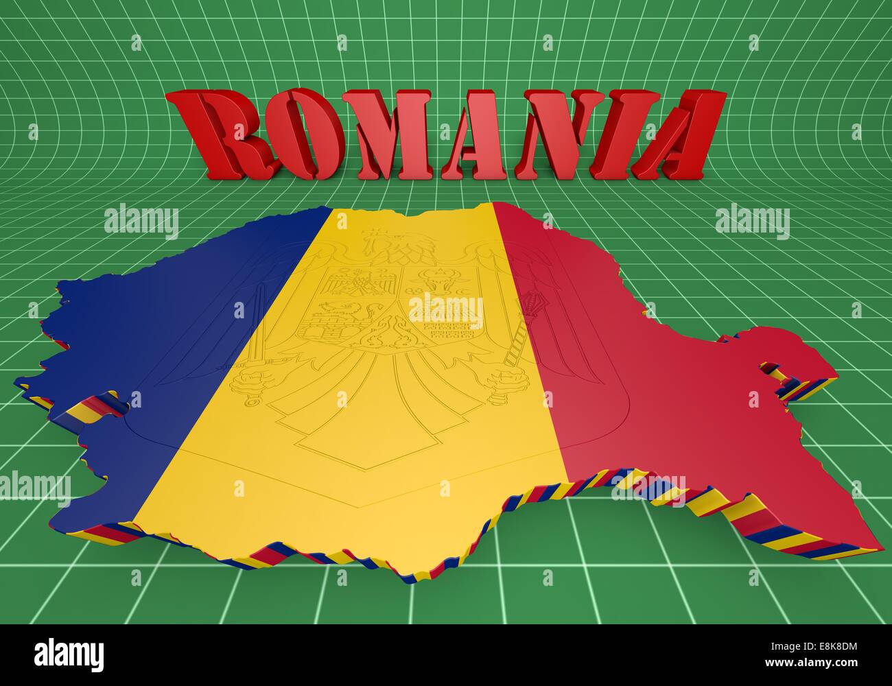 Mappa 3D illustrazione della Romania con bandiera e stemma Foto Stock