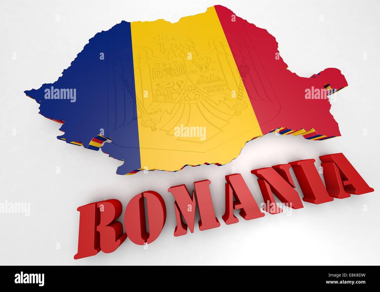 Mappa 3D illustrazione della Romania con bandiera e stemma Foto Stock
