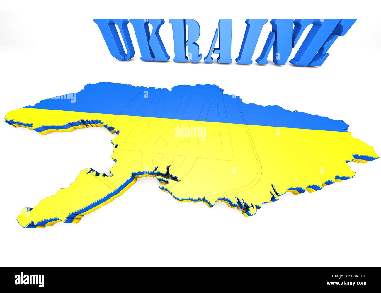 Mappa 3d'illustrazione dell'Ucraina con bandiera e stemma Foto Stock