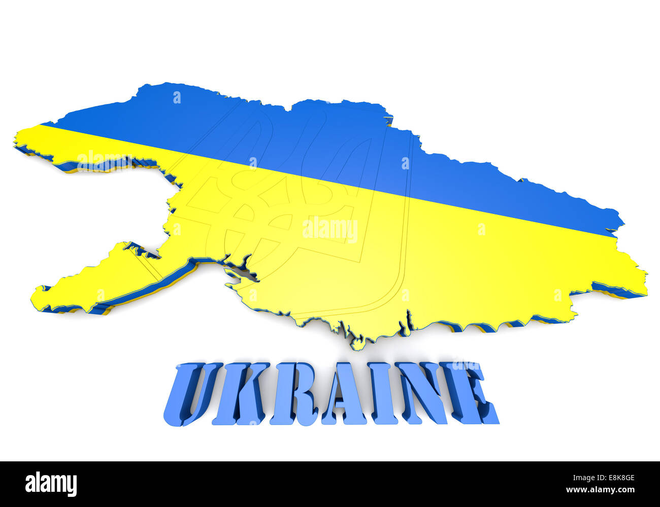 Mappa 3d'illustrazione dell'Ucraina con bandiera e stemma Foto Stock