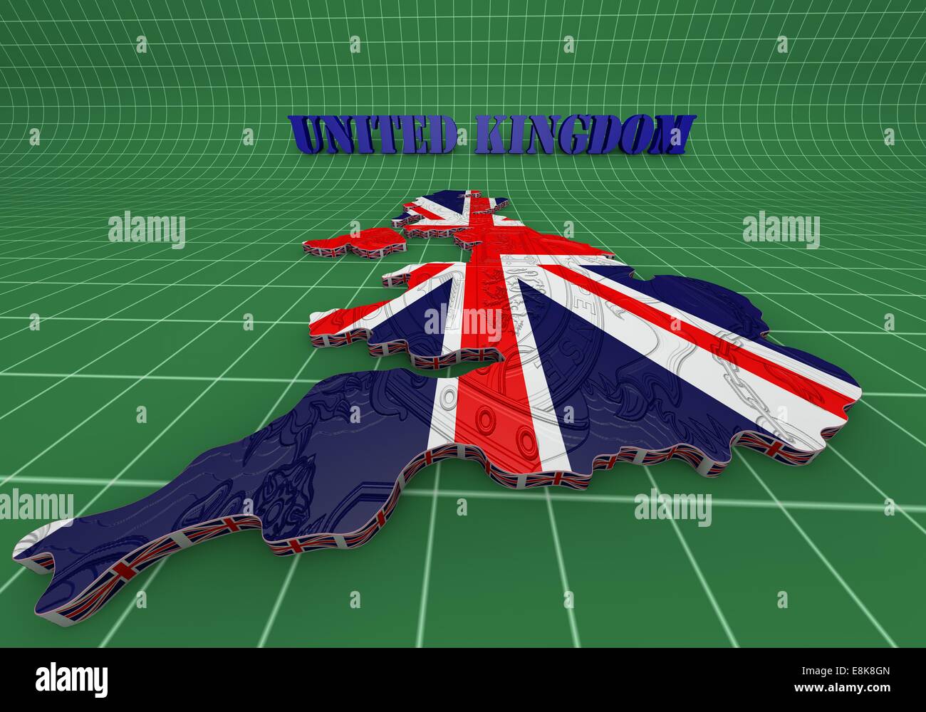 3D illustrazione del Regno Unito mappa con come bandiera Foto Stock