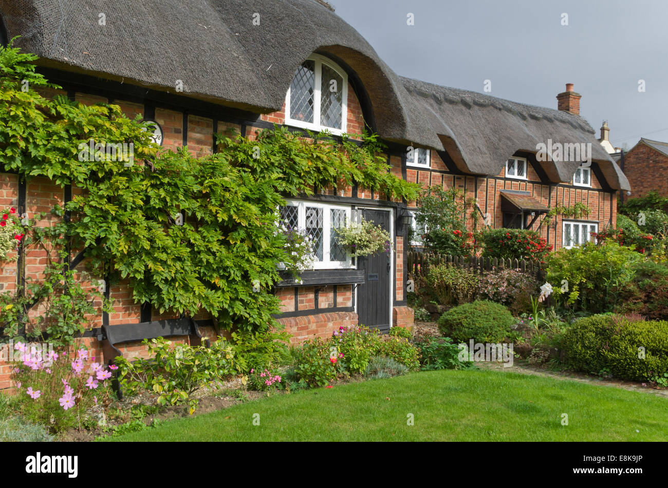 Graziosi cottage con il tetto di paglia nel villaggio di Ampthill, Bedfordshire, Regno Unito Foto Stock
