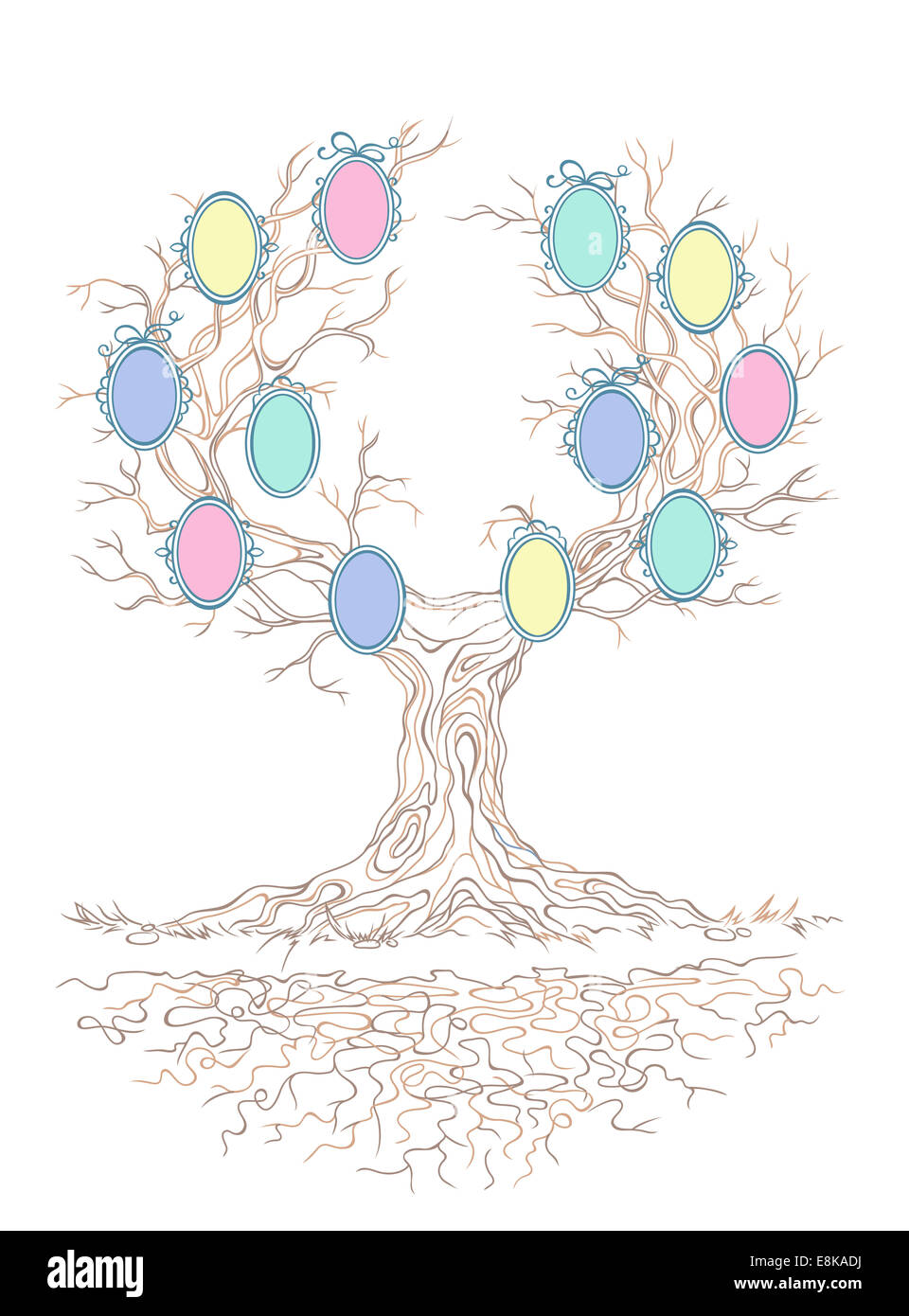 Grafico lineare antico e grande stantio branchy tree con colori caramella di cornici per i ritratti di famiglia,isolati su sfondo bianco Foto Stock