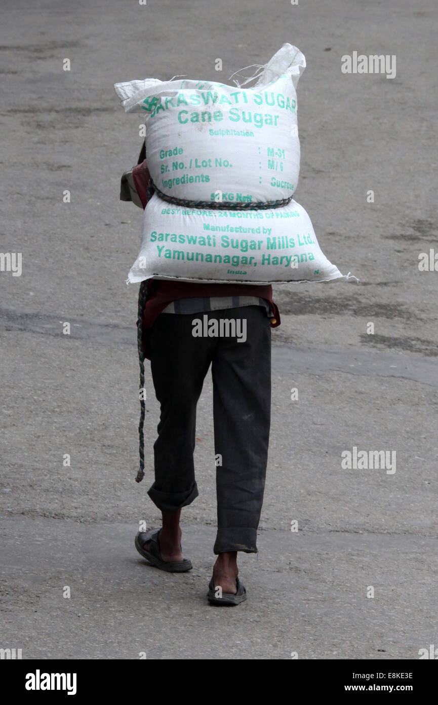 Un uomo che porta una borsa pesante di zucchero nella città indiana di Shimla Foto Stock