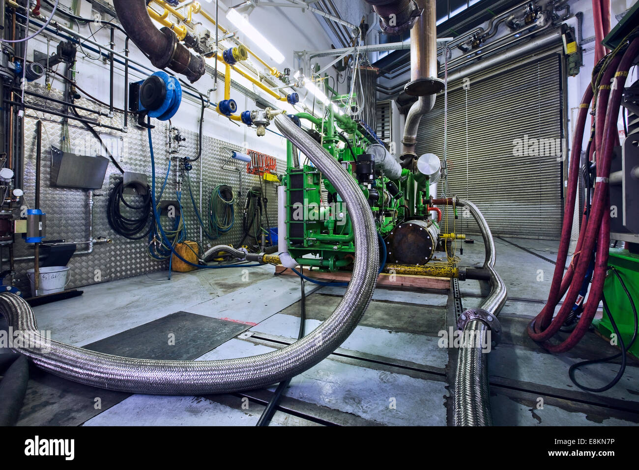 Banco prova del motore per i motori a gas a GE Energy, Jenbach, Tirolo del nord, Austria Foto Stock