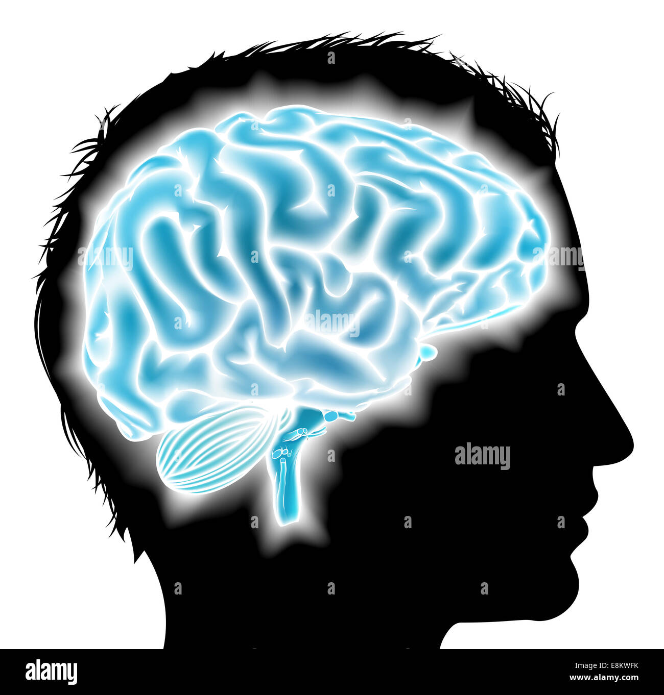 Una testa di uomo in silhouette con un cervello incandescente. Concetto per mentale, lo sviluppo psicologico, sviluppo del cervello, apprendimento e e Foto Stock