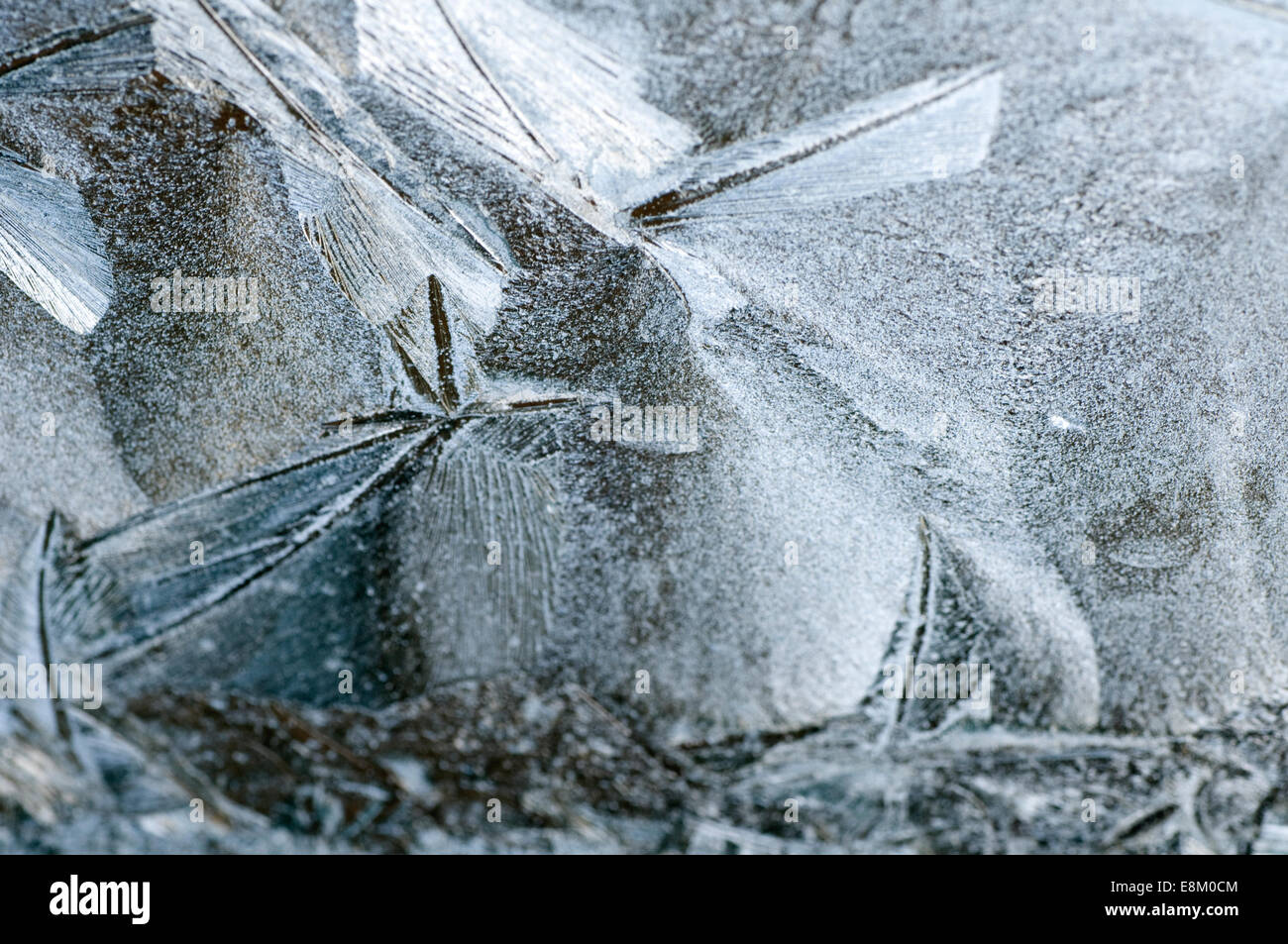Frost ghiaccio inciso sul veicolo schermo di finestra con un pallido sole imbianchiti dietro. Alimenti biologici e naturali volute e formazioni di cristallinità Foto Stock