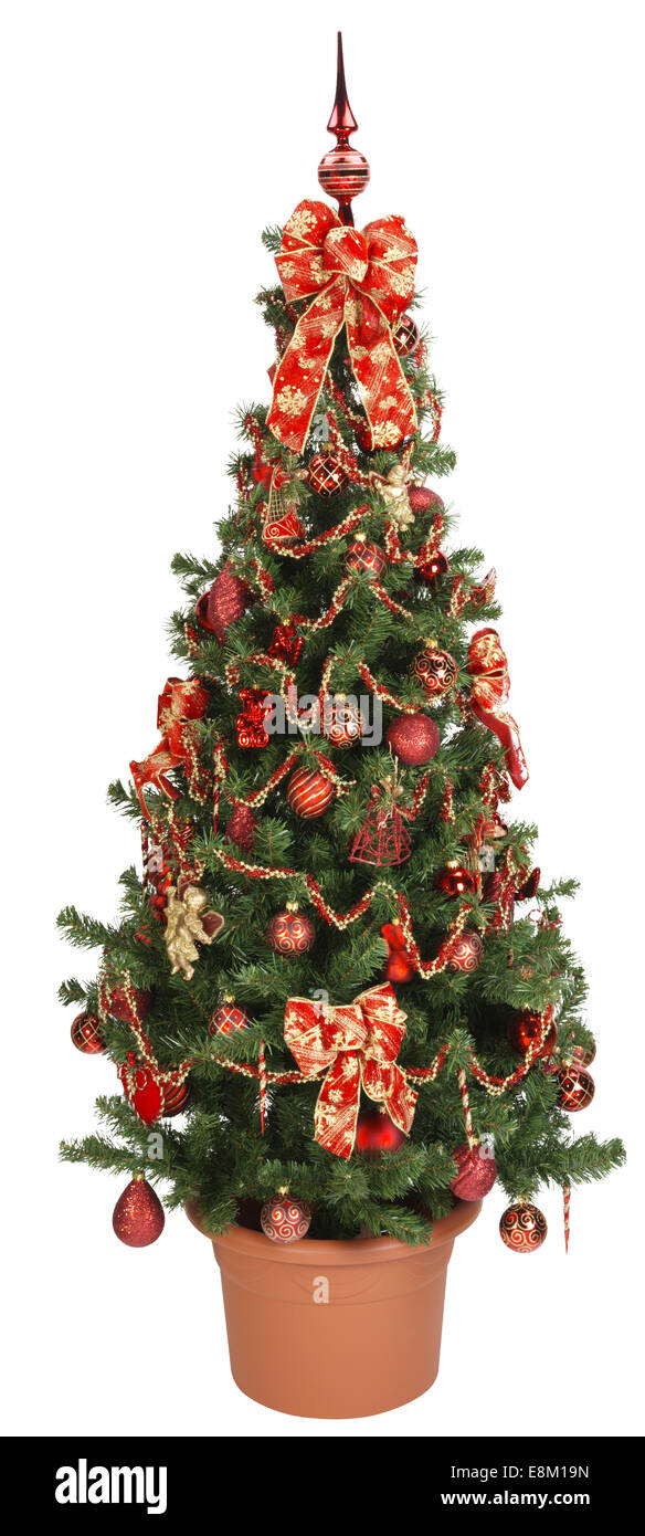 Albero di Natale decorato con ornamento rosso Foto Stock