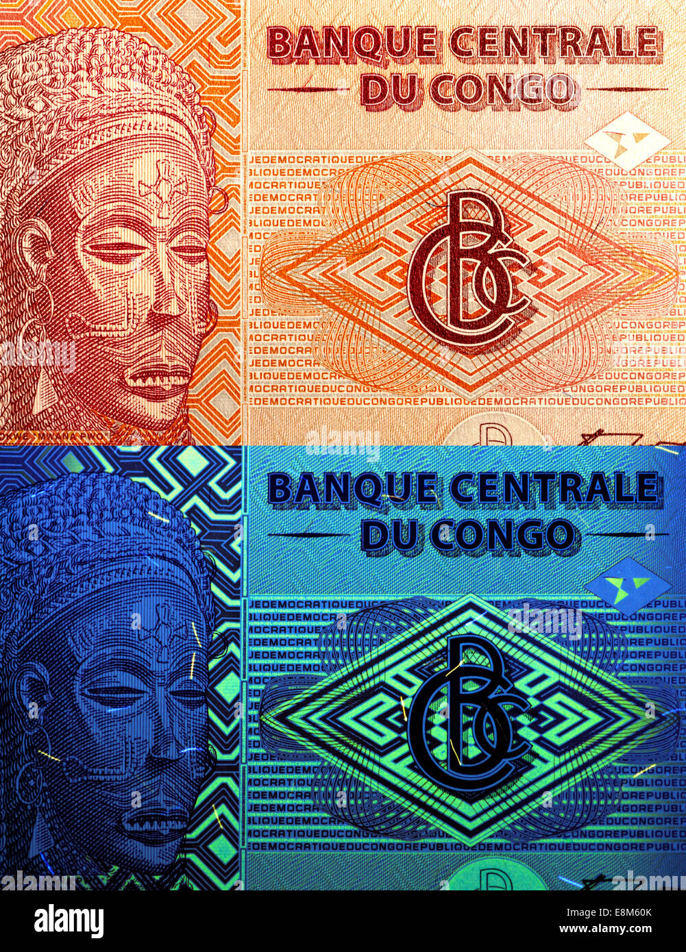 Funzione di sicurezza su una banconota del Congo, visibile solo sotto la luce ultravioletta Foto Stock