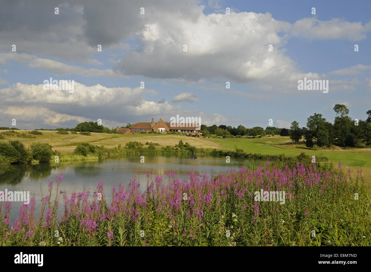 Vista dal raccordo a T del diciottesimo foro sopra il lago al verde sul patrimonio corso il Club di Londra Ash Kent England Foto Stock