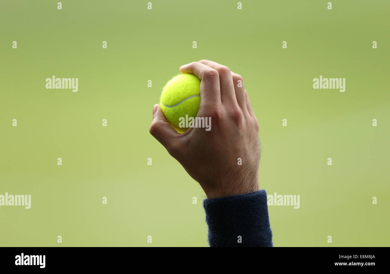 Mano di ballboy tenendo palla da tennis a Wimbledon Championships 2014,Londra,Inghilterra Foto Stock
