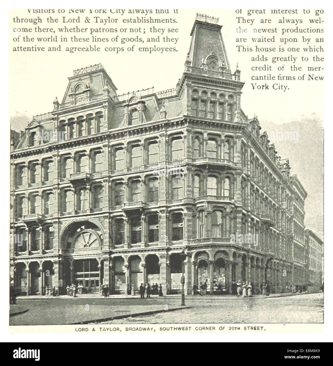 Questa illustrazione del 1893 raffigura il negozio Lord & Taylor situato all'angolo sud-ovest di Broadway e 20th Street a New York City. Mette in risalto il design architettonico e la vivace atmosfera commerciale dell'area durante la fine del XIX secolo. Foto Stock