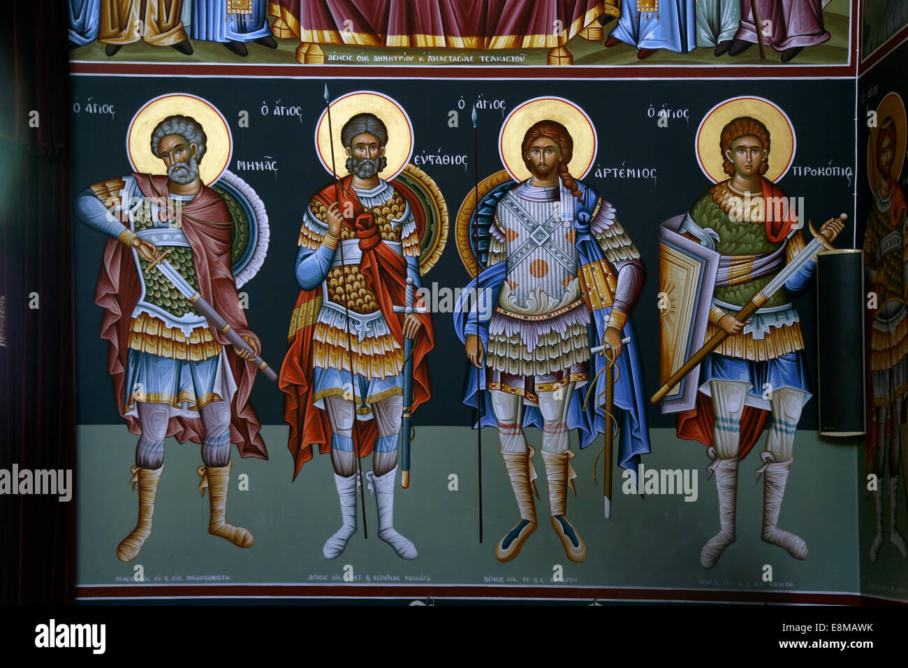 Halkidha Eubea Grecia chiesa di Santa Marina la pittura di quattro grandi martiri San Menas, Saint Eustathios, Sant Artemio Foto Stock