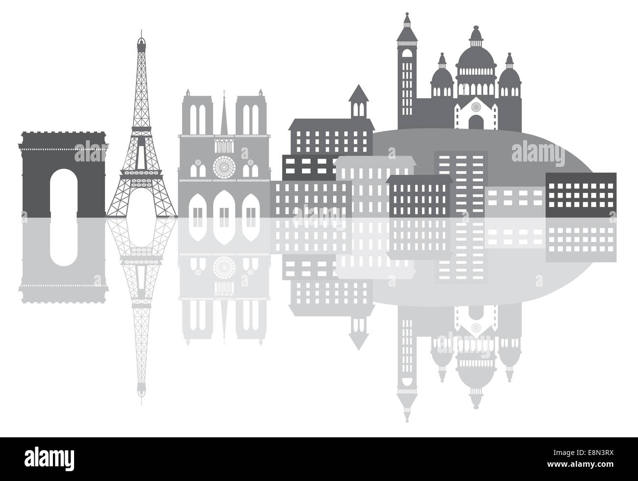 Parigi Francia dello skyline della città delineano Silhouette in scala di grigi con la riflessione isolata su sfondo bianco Panorama illustrazione Foto Stock