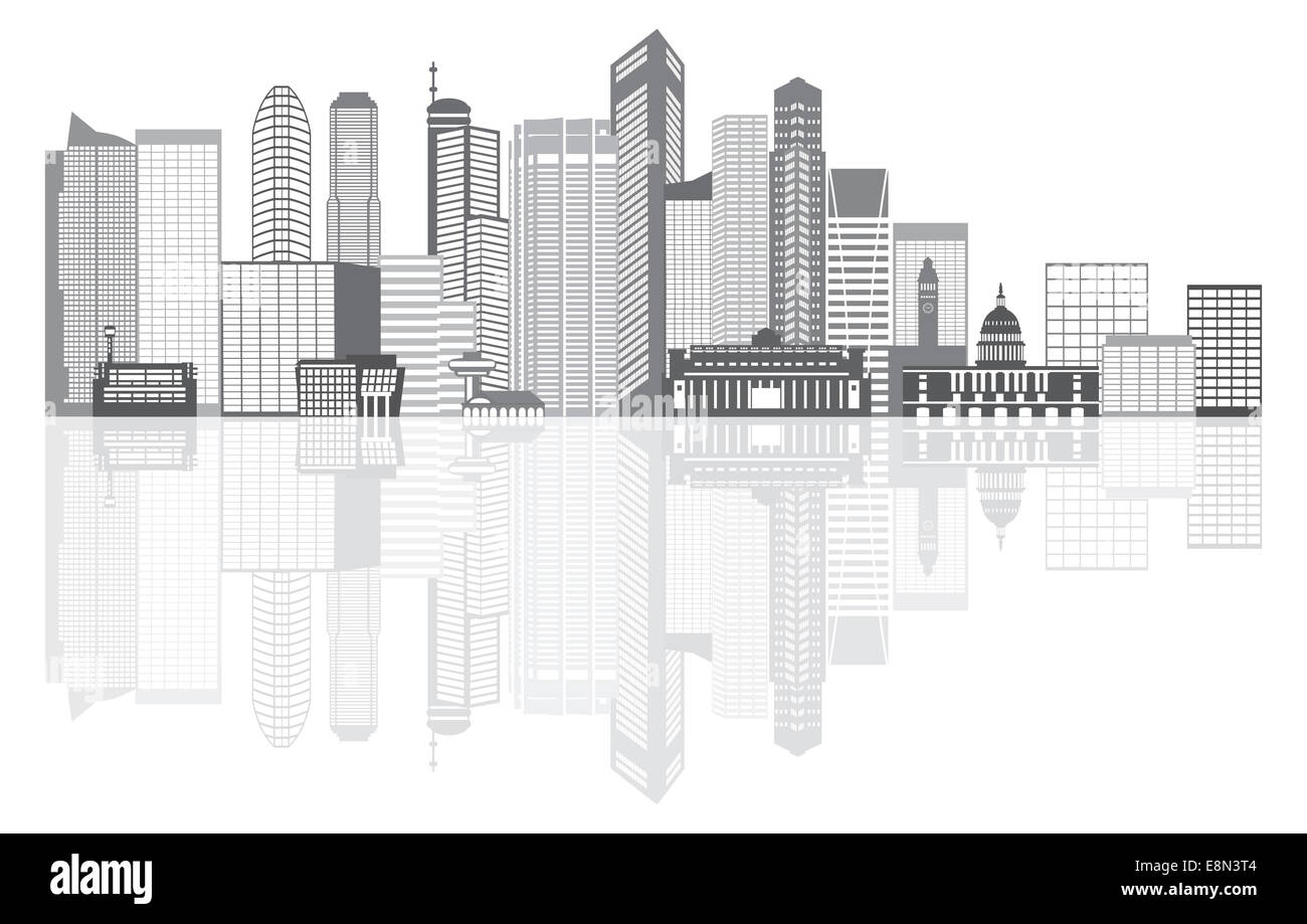 Singapore skyline della città Silhouette Panorama di contorno in scala di grigi con la riflessione isolata su sfondo bianco illustrazione Foto Stock
