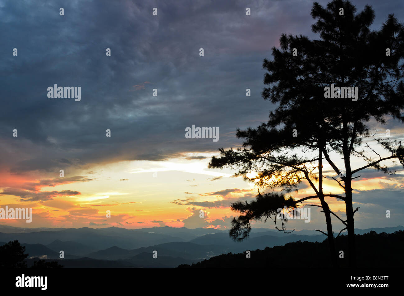 Tramonto sulla montagna alta gamma al punto di osservazione in Huai Nam Dang parco nazionale in Chiang Mai e Mae Hong Son della Thailandia Foto Stock