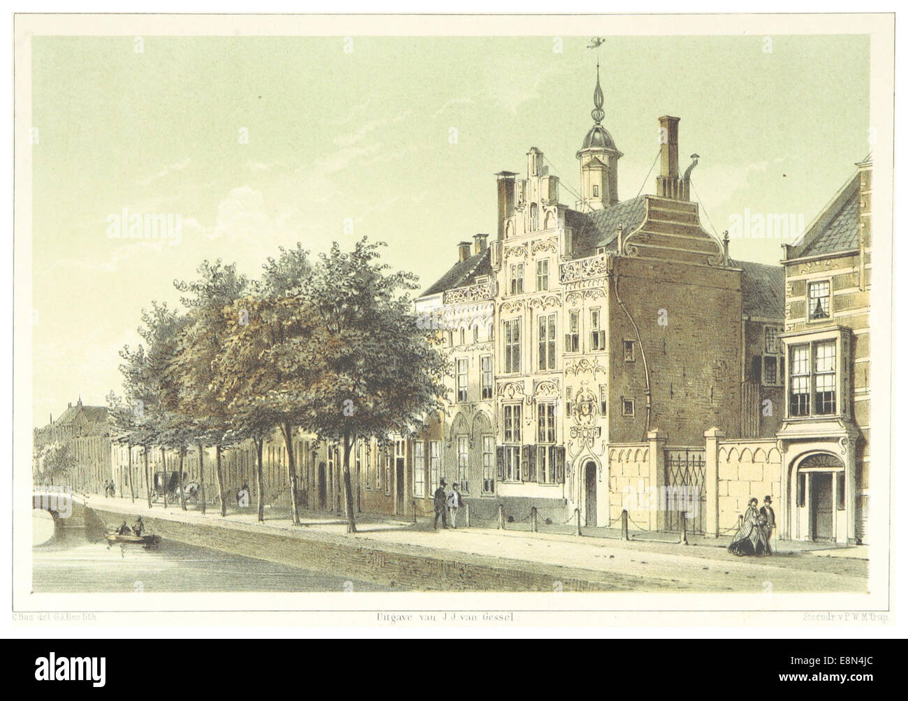 Questa illustrazione del 1858 di Delft mostra *Het Gemeenlandshuis*, un edificio storico nei Paesi Bassi utilizzato per scopi di governo e amministrativi durante il XIX secolo. Foto Stock