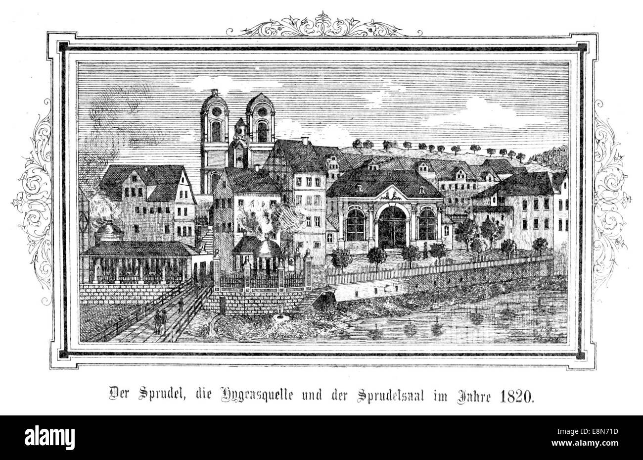Questa illustrazione del 1883 raffigura l'Hygeasquelle, una sorgente storica, e lo Sprudelsaal associato, evidenziando il suo ruolo nelle pratiche di salute e benessere del XIX secolo. Foto Stock