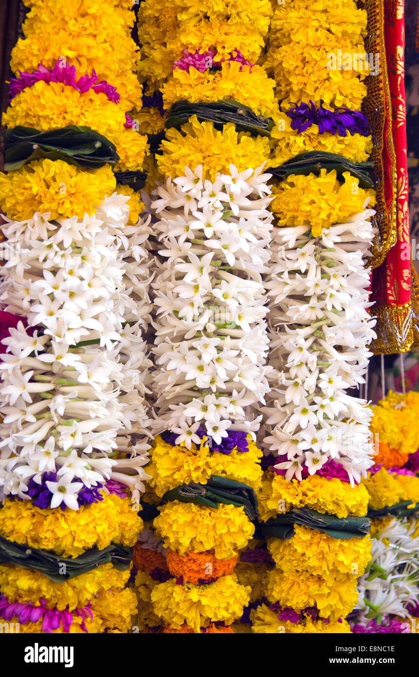 Bella ghirlanda di fiori in Asia vicino tempio, Mumbai, India Foto Stock