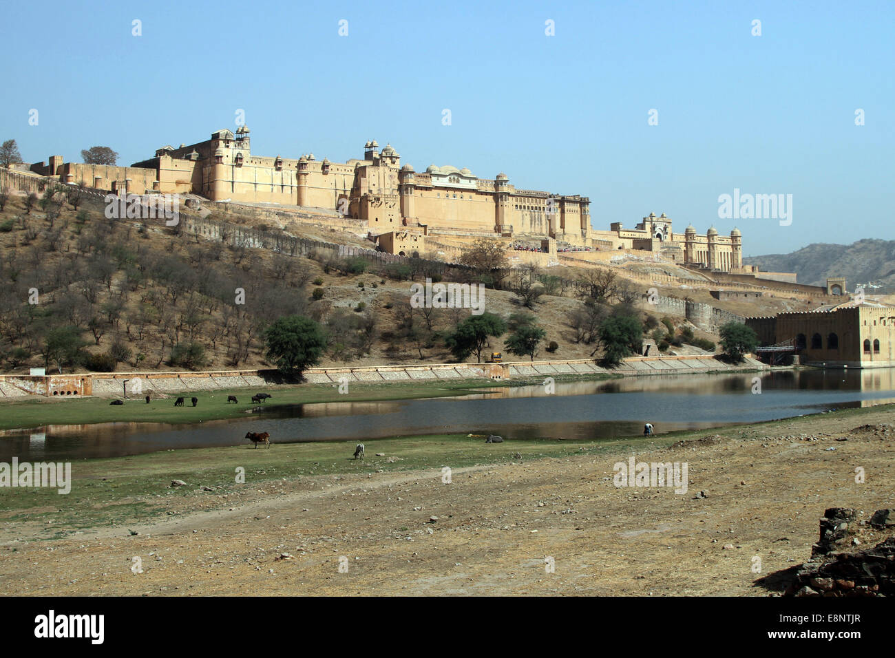 Il Forte Amber con Maotha lago in primo piano, vicino a Jaipur, India Foto Stock