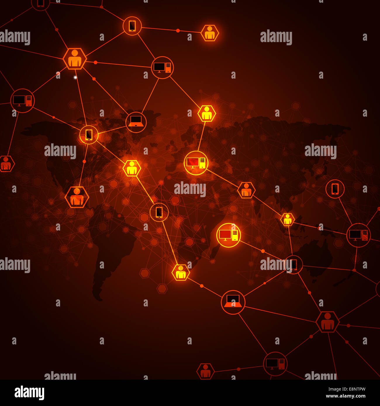 Abstract della rete di comunicazioni digitali concetto sfondo rosso Foto Stock