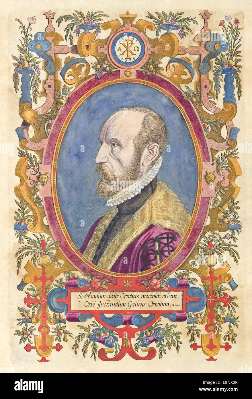 Abraham Ortelius (1527-1598) cartografo fiammingo creatore del primo moderno atlas Theatrum Orbis Terrarum (teatro del mondo). Foto Stock