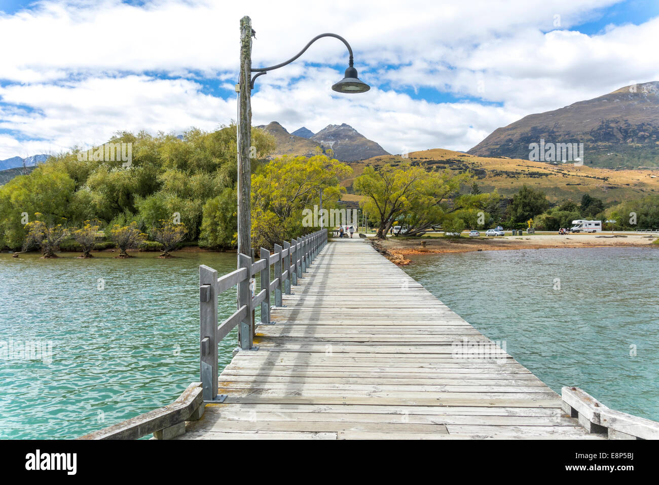 Il Molo Jetty Wharf a Glenorchy sul lago Wakatipu Nuova Zelanda Foto Stock