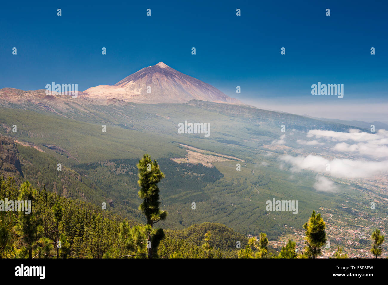 Il grande stratovulcano di El Teide, attraverso la valle di Orotava, dal Mirador de Chipeque, Tenerife, Foto Stock