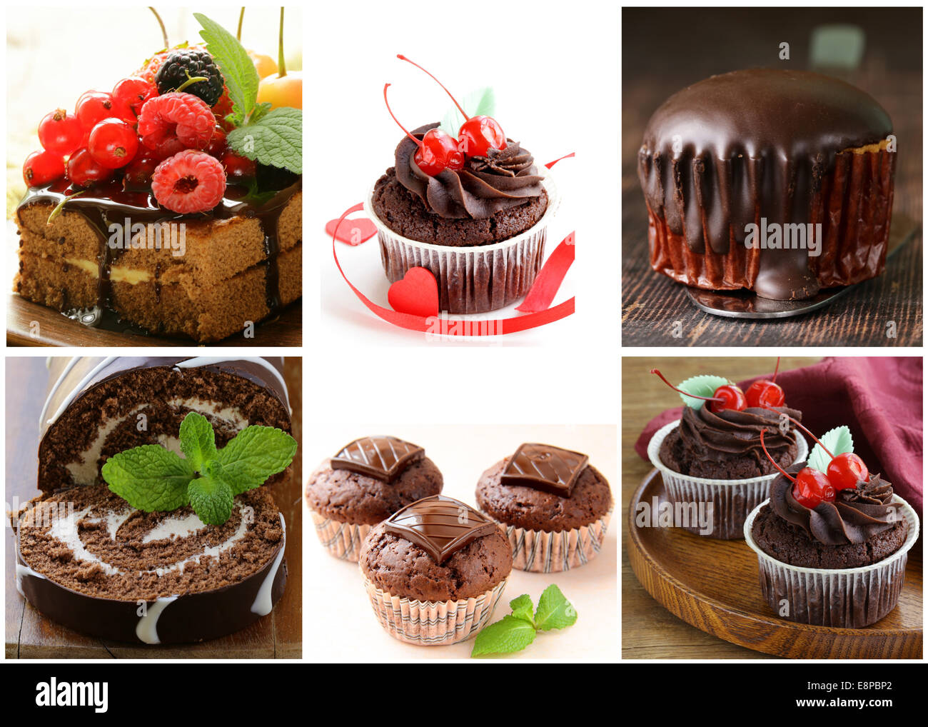 Set di dolci al cioccolato - torta, muffin, cupcake e roll Foto Stock