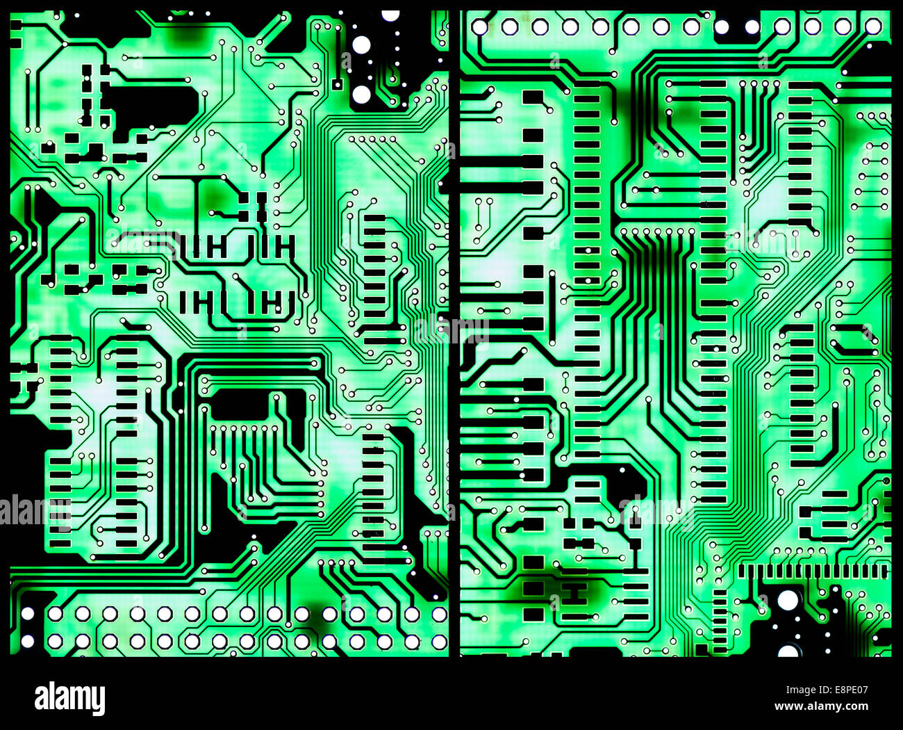 Due schede di circuito con luce in background per utilizzare come sfondo o come texture Foto Stock