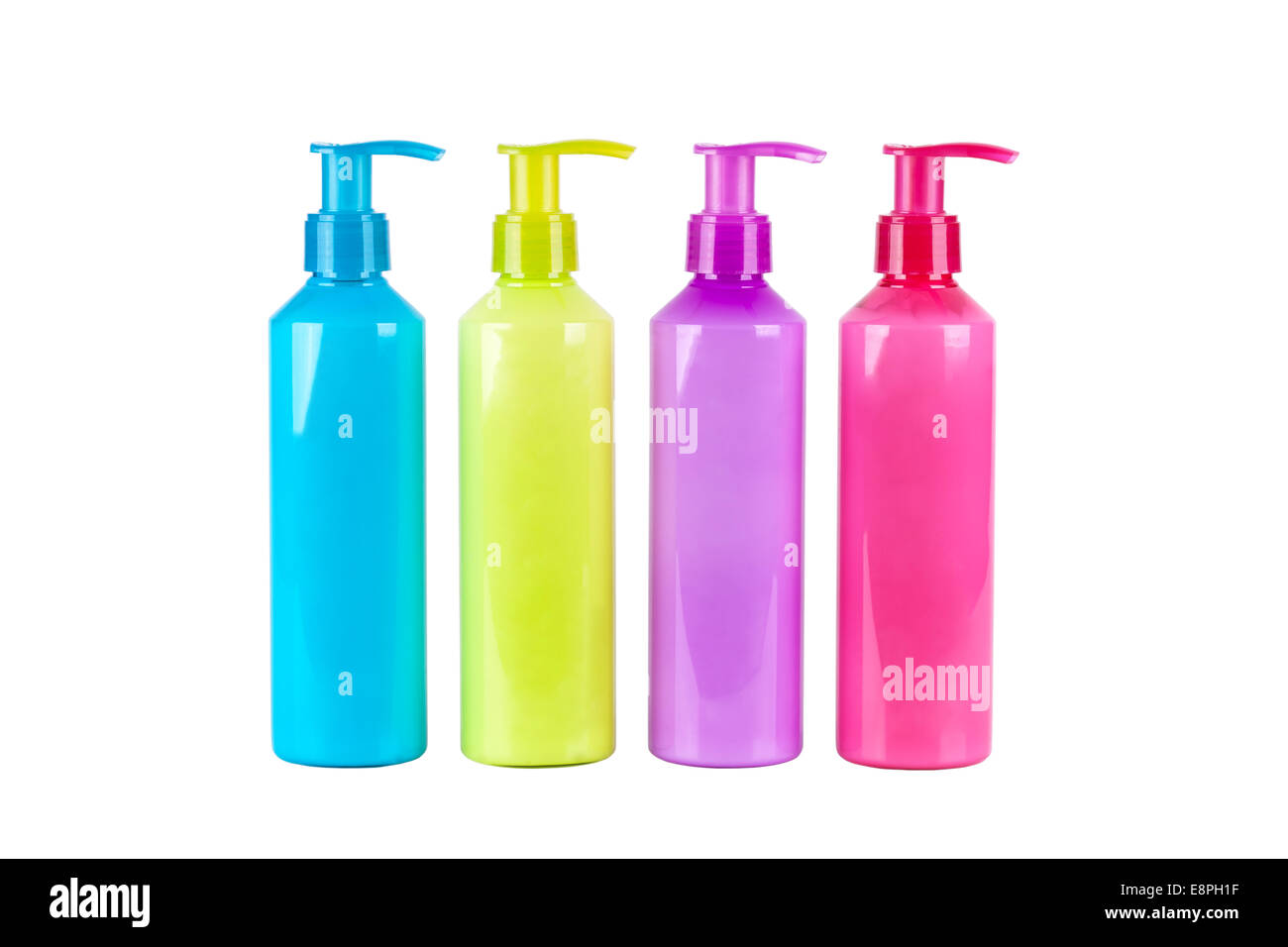 Neon multicolore lozione bottiglie con pompa erogatrice Foto Stock
