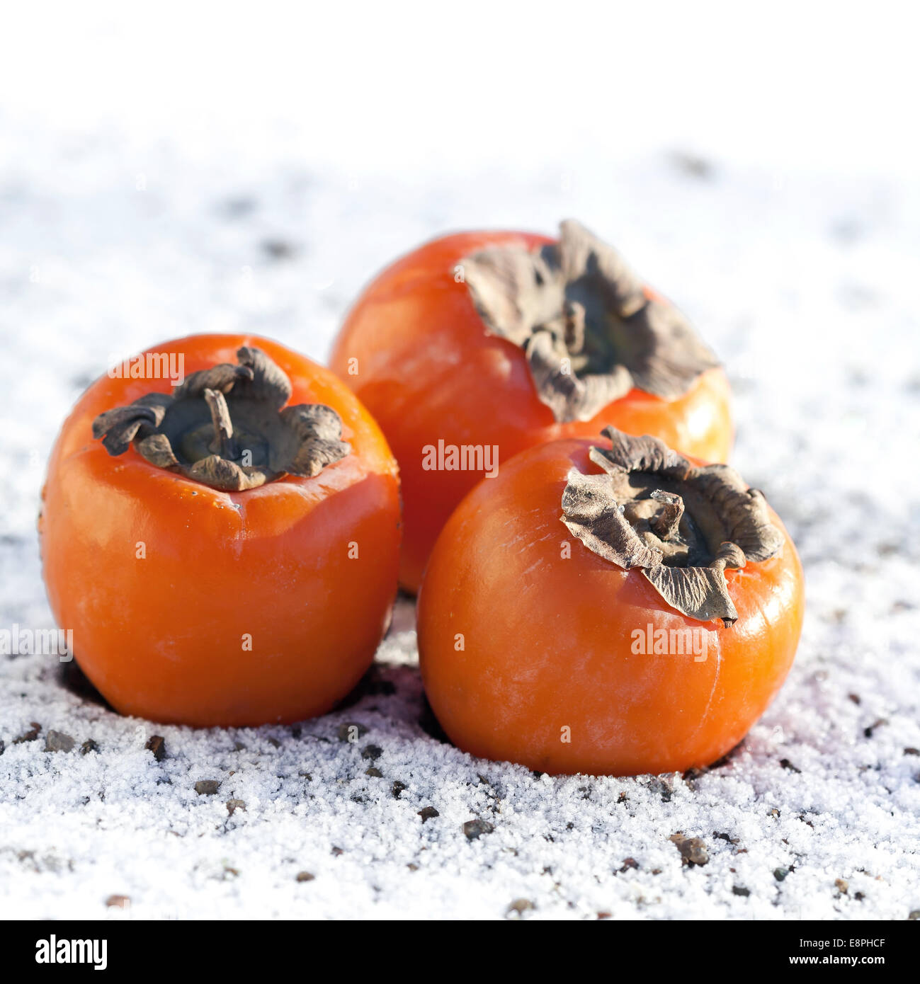 Tre arance fresche Cachi sul bianco della neve, esterno Foto Stock