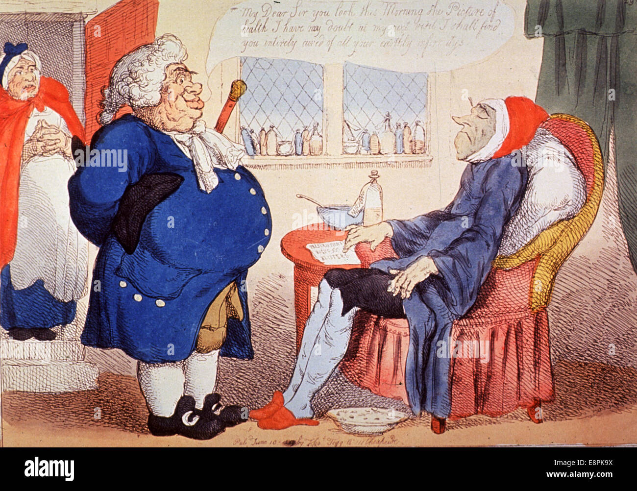 Un'incisione di Richard Newton e Thomas Rowlandson intitolata 'A Going! Una via!!!" raffigurante un uomo morente visitato dal suo medico, promettendo una cura. La scena include bottiglie mediche e una donna anziana preoccupata. Questa stampa satirica cattura le ansie e l'umorismo che circondano l'assistenza sanitaria dell'epoca. Foto Stock