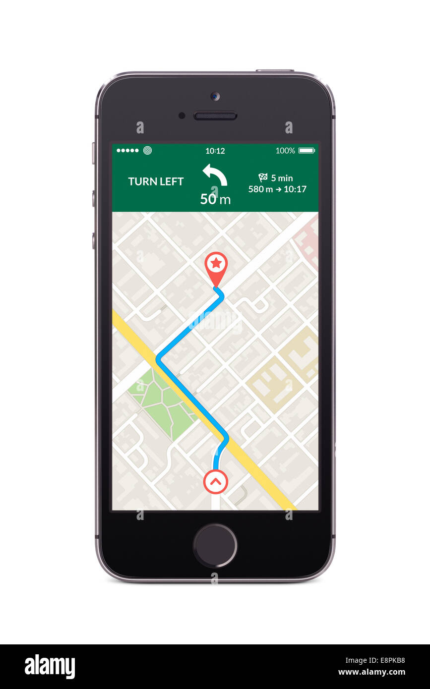 Direttamente vista frontale del nero smartphone con la mappa di navigazione gps app sullo schermo isolato su sfondo bianco. Qualità alta. Foto Stock