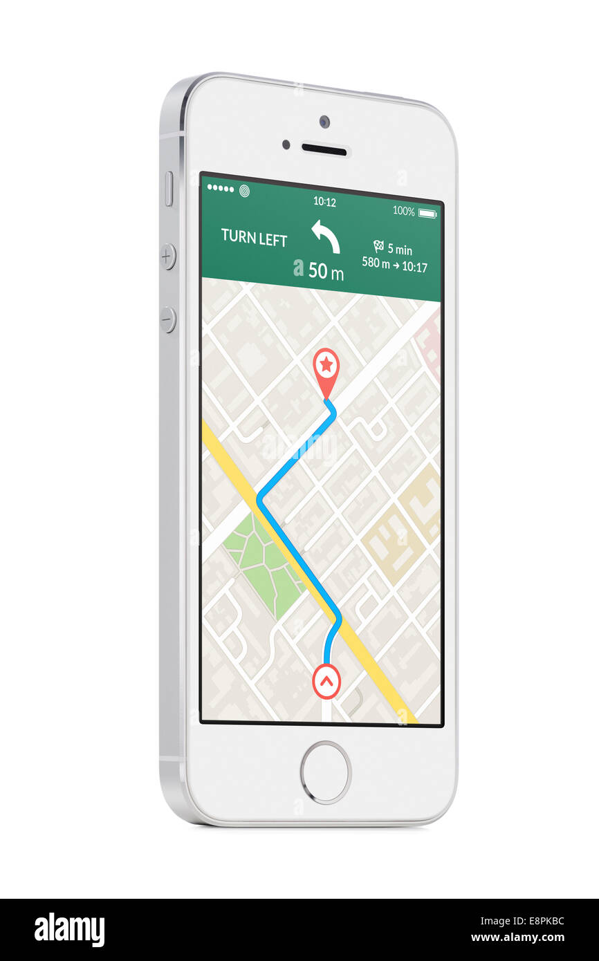 Dal basso verso l'alto vista ruotato ad un leggero angolo bianco moderno mobile smart phone con mappa di navigazione gps app con il percorso pianificato su th Foto Stock
