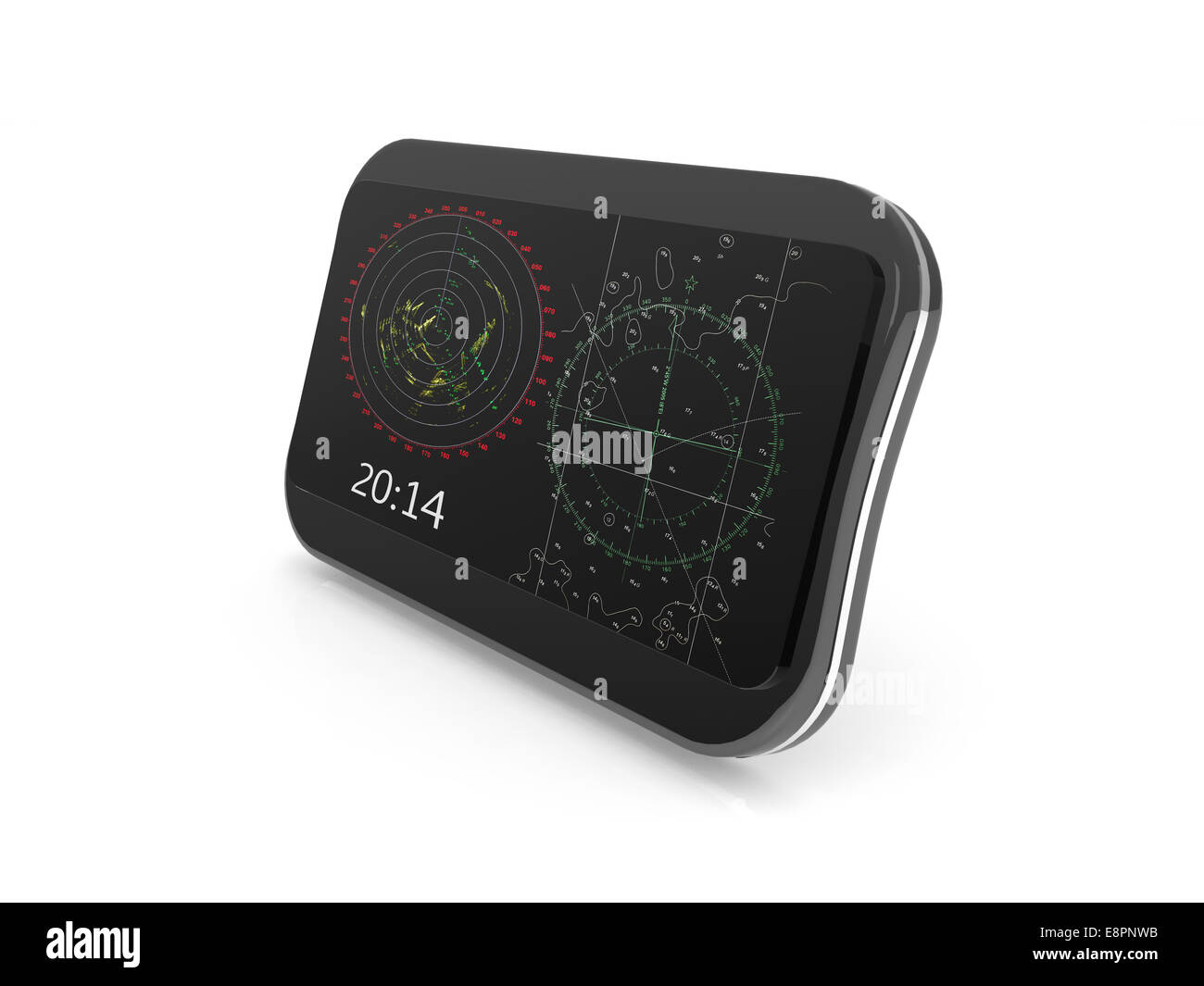 Nuovo splendente nero digital personal navigator isolato su sfondo bianco con immagine radar ed elettronici frammento del grafico Foto Stock