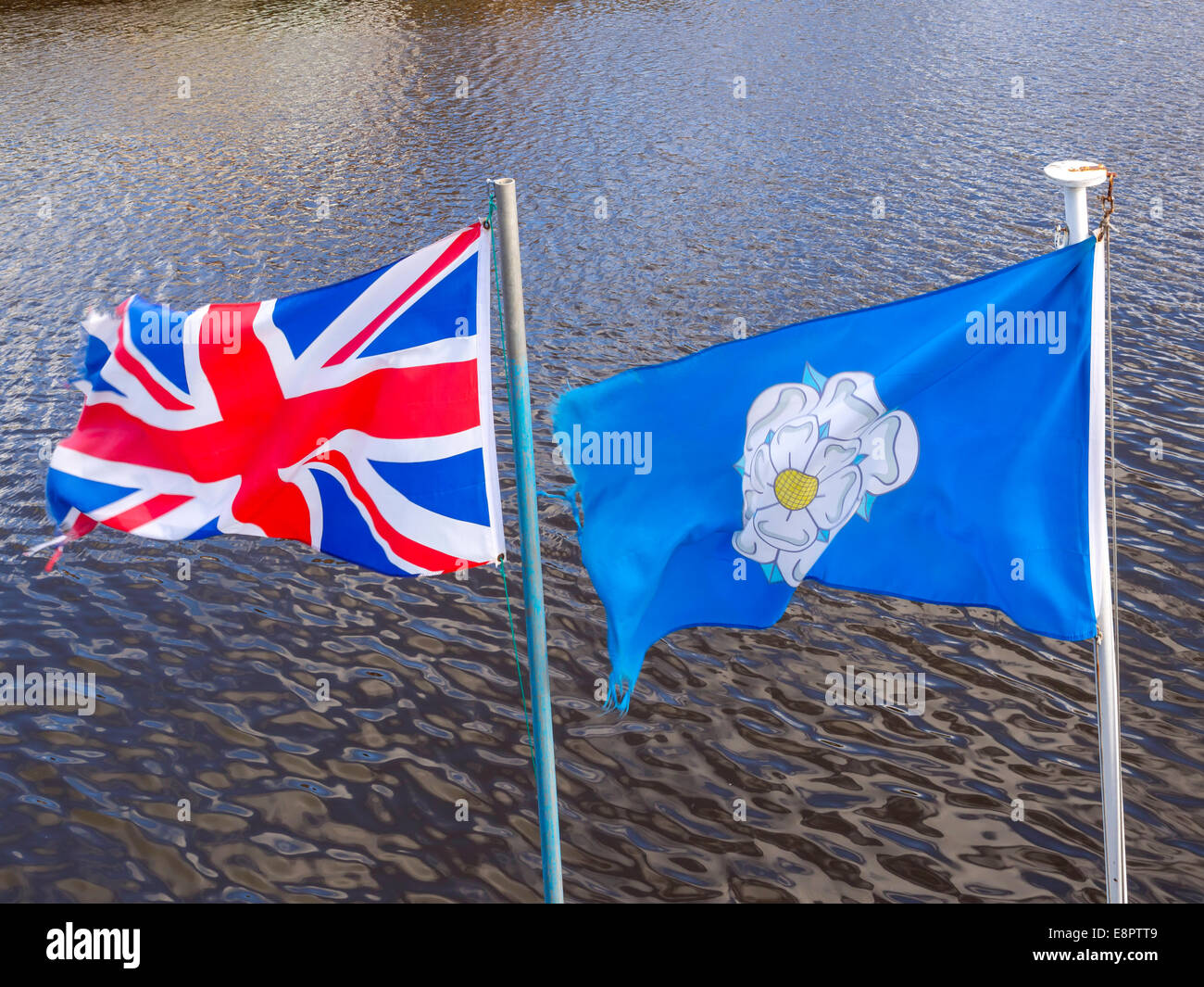 Il Regno Unito bandiera ufficiale e la Yorkshire bandiera di una rosa bianca  su una massa blu battenti fianco a fianco al porto di Whitby Foto stock -  Alamy