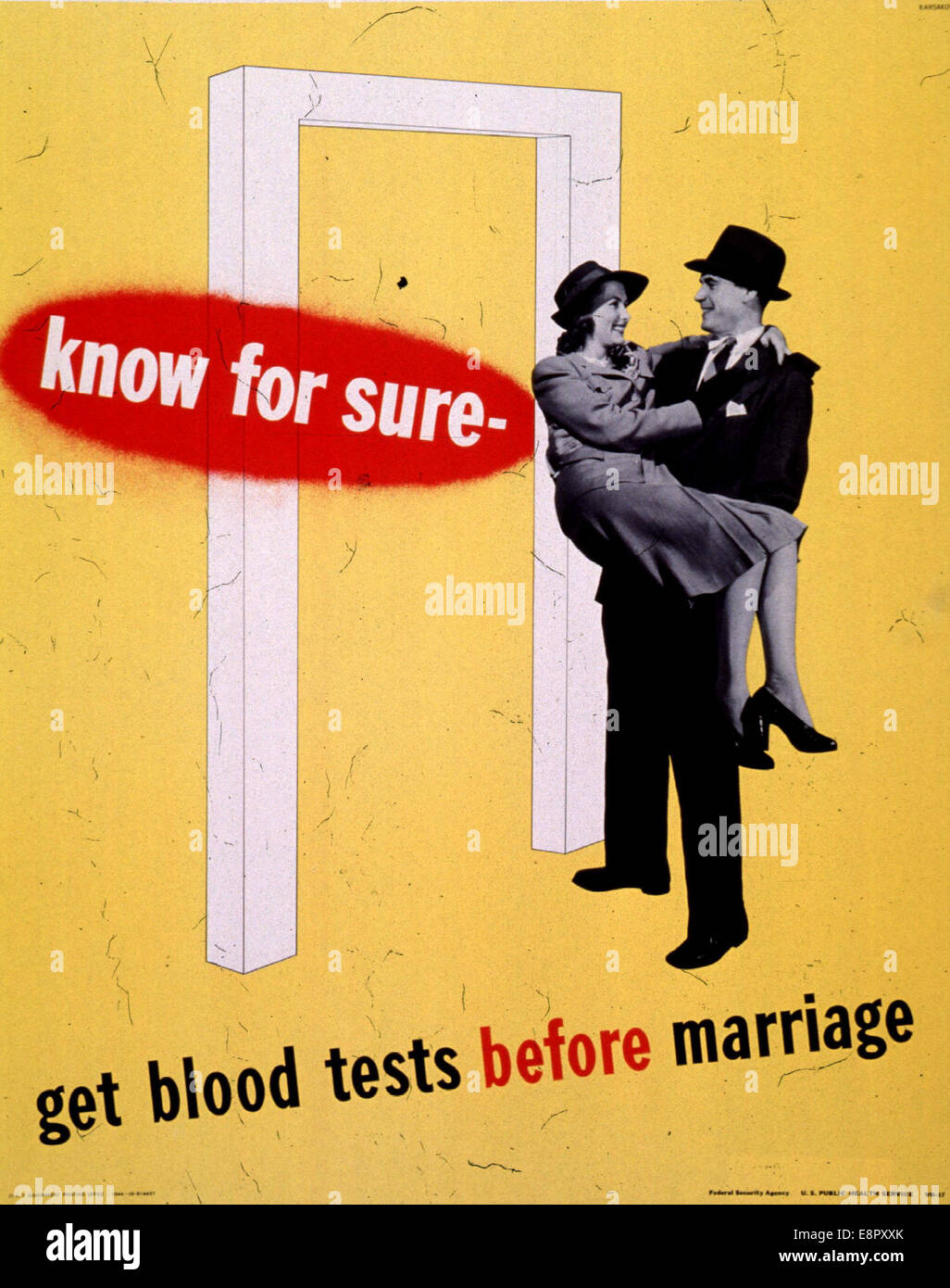 Una pubblicità di sanità pubblica dei primi anni del XX secolo che incoraggia le coppie a sottoporsi a esami del sangue prima del matrimonio. L'immagine riflette la crescente importanza dei test medici durante quel periodo. Foto Stock