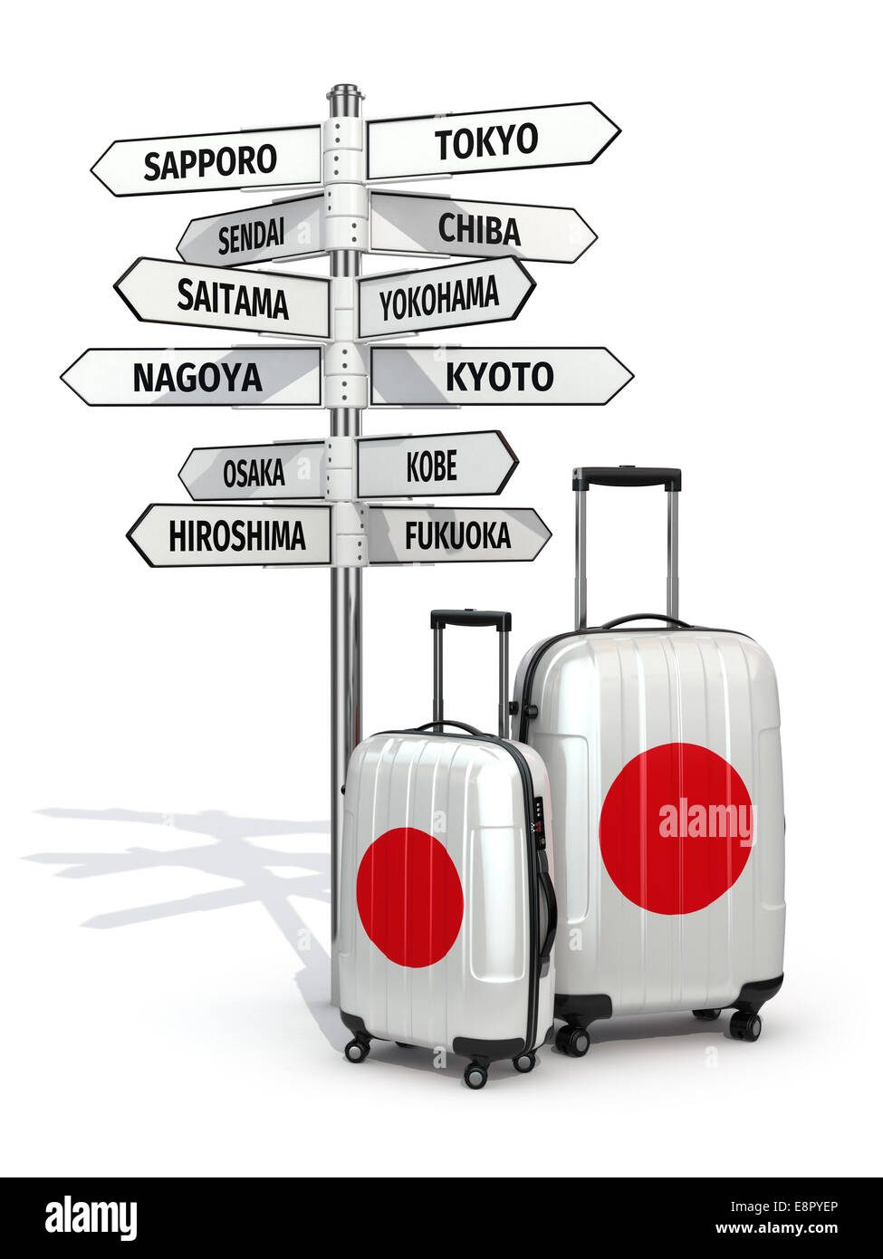 Concetto di viaggio. Valigie e cartello cosa visitare in Giappone. 3d Foto Stock