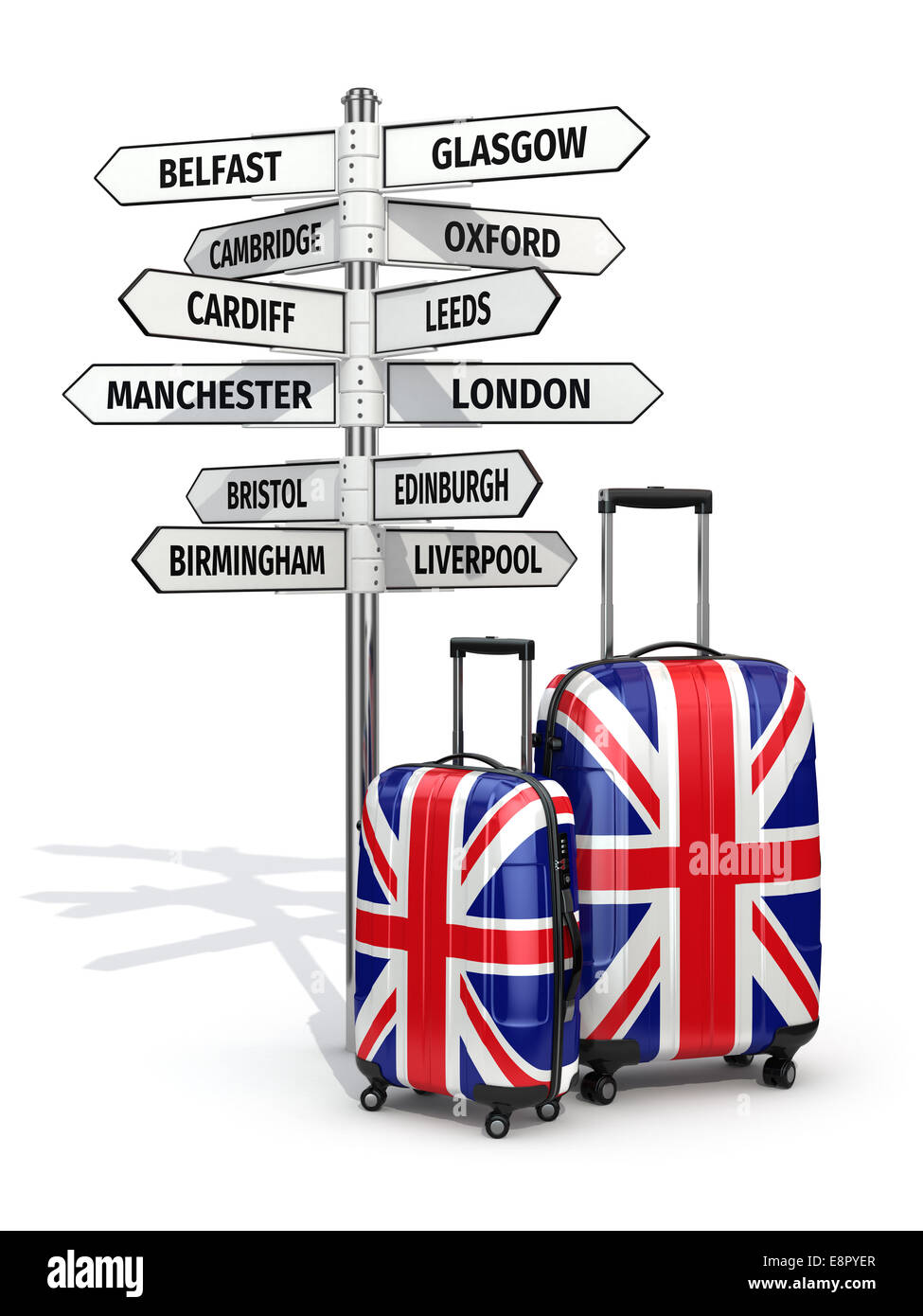 Concetto di viaggio. Valigie e cartello cosa visitare nel Regno Unito. 3d Foto Stock