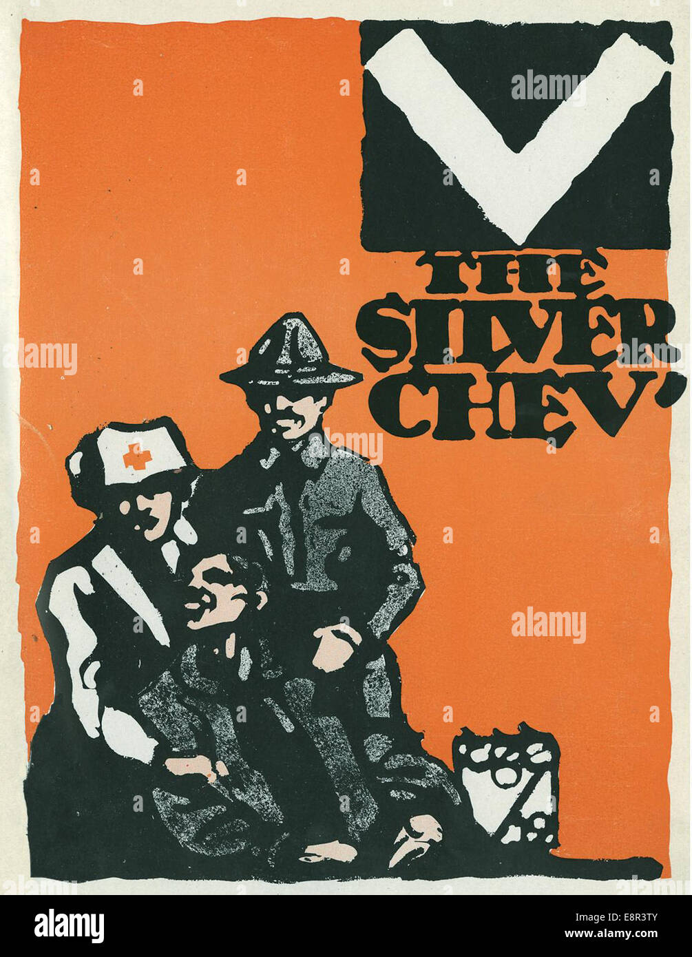 La copertina della rivista *The Silver Cheva'* presenta un'infermiera militare e un medico che assiste un soldato, illustrando la compassione e la cura durante la guerra. L'immagine cattura un momento chiave nella storia della sanità militare. Foto Stock