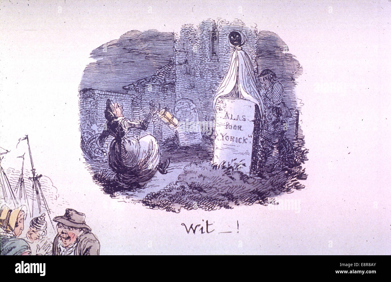 Questa litografia di George Cruikshank raffigura una donna con una lanterna e un cesto che entra in un cimitero. L'immagine, che misura 7 x 8 cm su un foglio di 27 x 37 cm, cattura una scena cupa, riflettendo temi della morte e del ricordo nell'arte del XIX secolo. Foto Stock