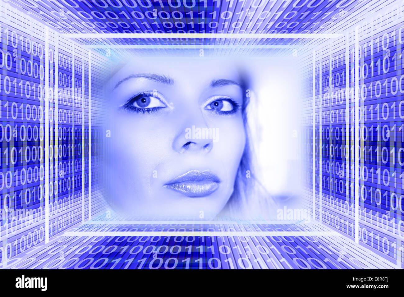 Illustrazione tecnologico con una bella giovane donna in una digitale codice binario telaio Foto Stock