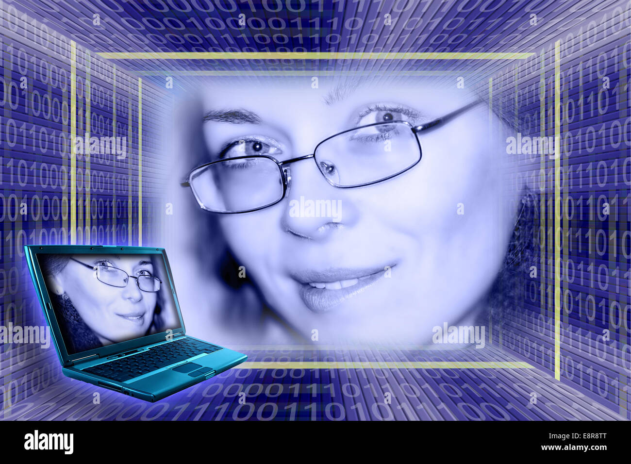 Illustrazione tecnologico con una bella giovane donna in una digitale codice binario telaio Foto Stock