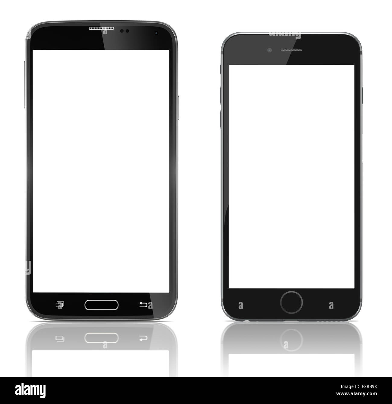 Confronto di due nuovi smartphone fianco a fianco. nuovo Smartphone con schermo bianco su sfondo bianco Foto Stock