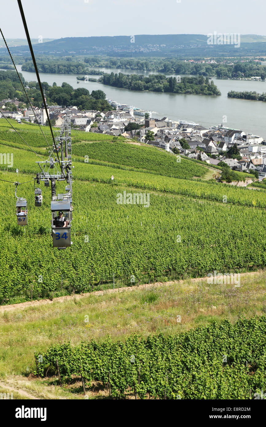 La gondola in esecuzione tra il Monumento Niederwald (Niederwalddenkmal) sopra la città di Ruedesheim, Germania. Foto Stock